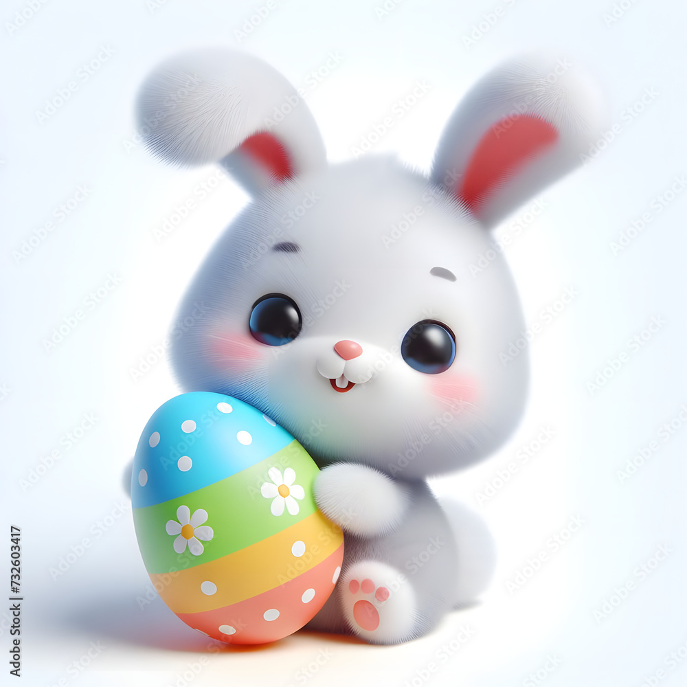 Easter cute smiley white 3d realistic Rabbit holding colourful egg Easter cute smiley white 3d realistic Rabbit holding colourful egg