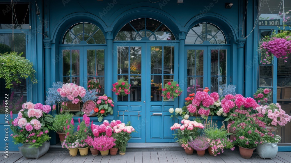 A Picturesque Blue Flower Shop with Arched Windows, Overflowing with the Splendor of Pink Peonies