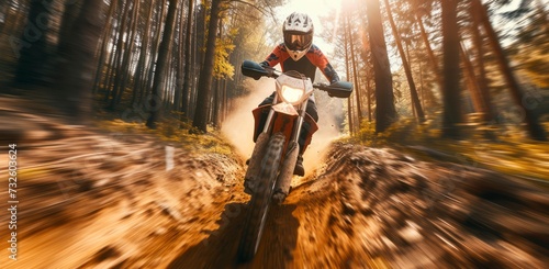 A Sportsman's High-Velocity Ride Through the Forest on a Dirt Bike, Capturing the Essence of Motion and Freedom