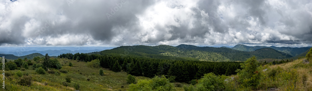 Panoramic landscape of Blue Ridge Mountains with dramatic clouds