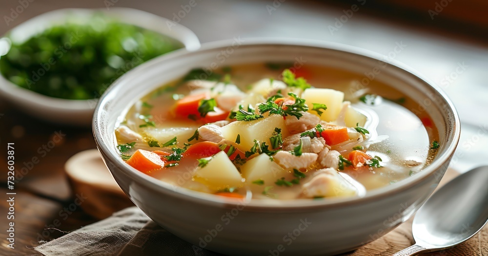 Comfort in a Bowl - A Warm Serving of Clear Chicken Soup with Potatoes, Carrots, and Onions, Crafted in Asian Style Comfort in a Bowl - A Warm Serving of Clear Chicken Soup with Potatoes, Carrots, and Onions, Crafted in Asian Style
