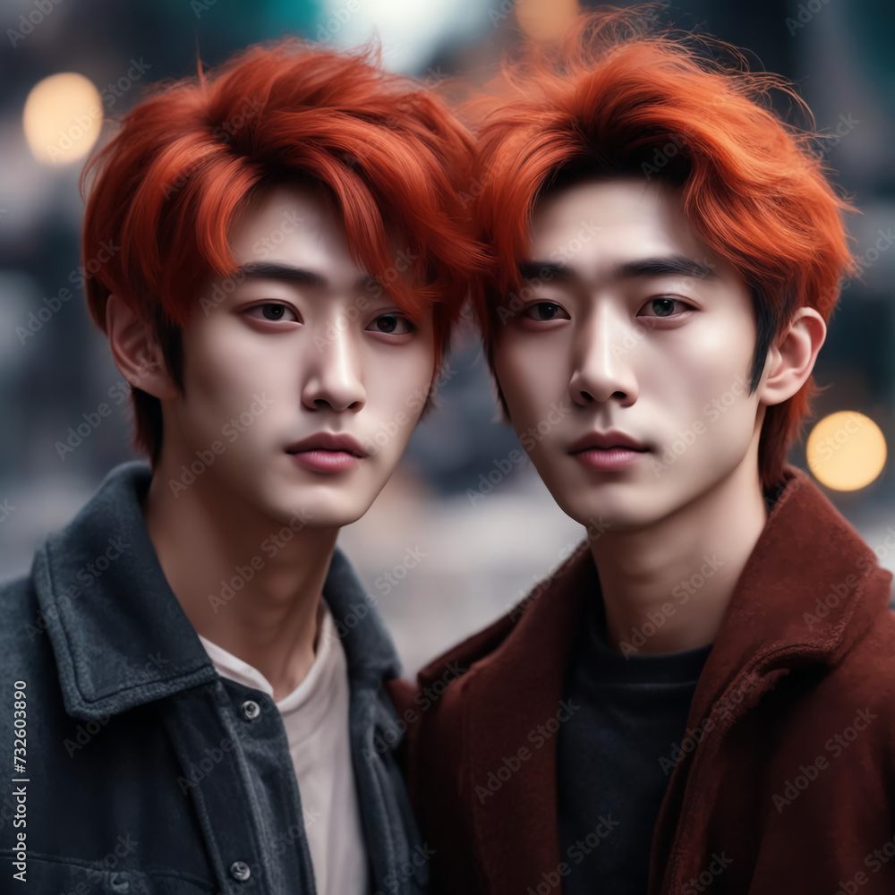 Obraz premium Young beautiful Korean men. They have traditional idol-style makeup. Same-sex love. 