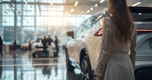 A Gleaming White SUV Takes Center Stage in a Luxury Showroom, with a Saleswoman and Customer Strategically Blurred in the Background © Gasspoll