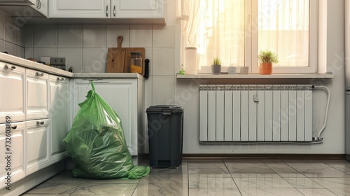 A Kitchen's Trash Can Fitted with a Plastic Garbage Bag for Hygiene photo