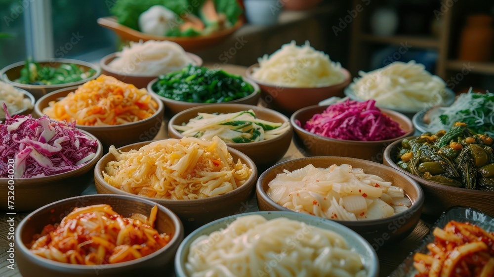 An Assortment of Fermented Foods Including Sauerkraut and Kimchi, Rich in Probiotics, on Display