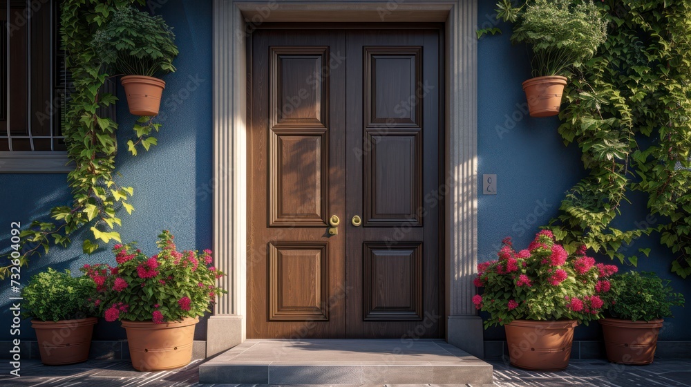 A Stylish Front Door Featuring Square Decorative Windows Flanked by Vibrant Flower Pots