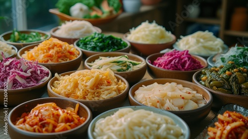 An Assortment of Fermented Foods Including Sauerkraut and Kimchi, Rich in Probiotics, on Display