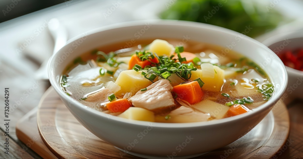 Asian Style Clear Chicken Soup with a Hearty Mix of Potatoes, Carrots, and Onions in a Pristine White Bowl Asian Style Clear Chicken Soup with a Hearty Mix of Potatoes, Carrots, and Onions in a Pristine White Bowl