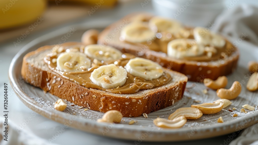 A Close-Up View of Toast Topped with Nut Butter, Fresh Banana Slices, and Crunchy Cashews A Close-Up View of Toast Topped with Nut Butter, Fresh Banana Slices, and Crunchy Cashews
