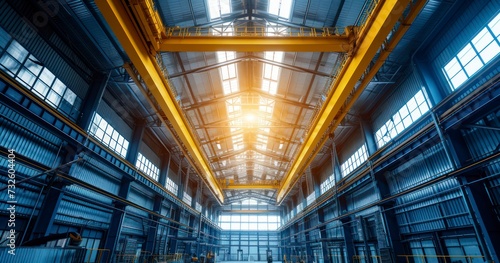 The Indoor Installation of a Steel Roof Truss, Under the Vast Blue Sky at a Construction Factory