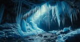 A Stunning View Inside an Ice Cave with a Ceiling of Blue Ice and Icicles Hanging from a Moulin Hole