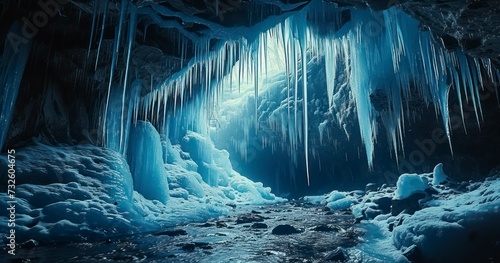 A Stunning View Inside an Ice Cave with a Ceiling of Blue Ice and Icicles Hanging from a Moulin Hole photo