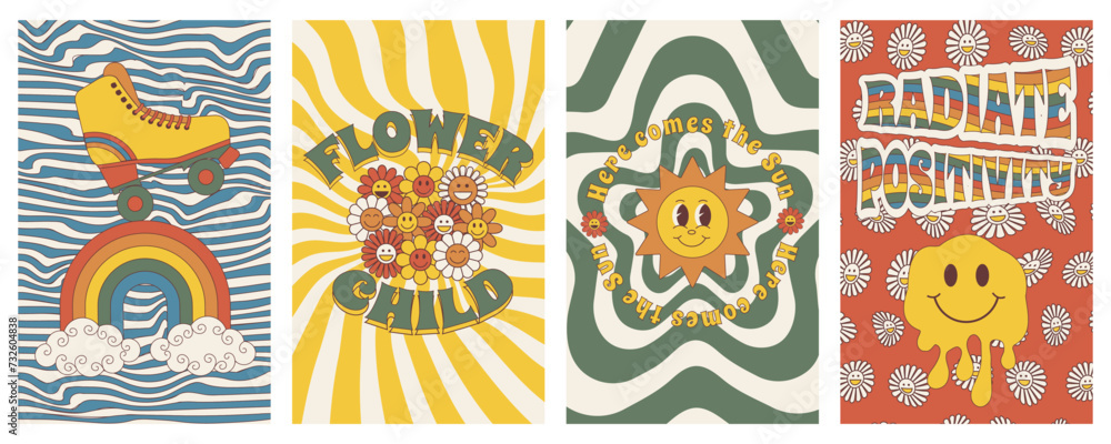 Obraz premium Groovy posters. Set of posters in trendy retro trippy style. Hippie 60s, 70s style.