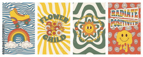 Groovy posters. Set of posters in trendy retro trippy style. Hippie 60s, 70s style.