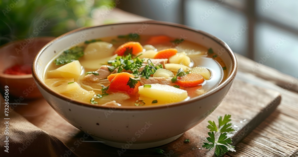 Delicate Clear Chicken Soup with Potatoes, Carrots, and Onions, an Asian Style Sensation in a White Bowl Delicate Clear Chicken Soup with Potatoes, Carrots, and Onions, an Asian Style Sensation in a White Bowl