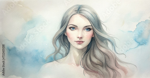 Young and happy woman with beautiful long hair watercolor