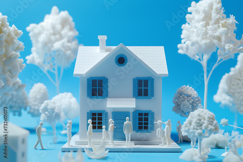 a blueandwhite model of a house and people stand arou photo