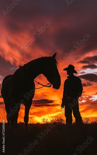 A silhouette of a cowboy next to his horse  both silhouetted against a fiery sunset sky  evoking the spirit of freedom