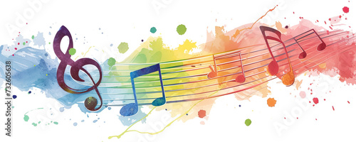 Watercolor splashes with fluid, dynamic musical notes, isolated on a white background