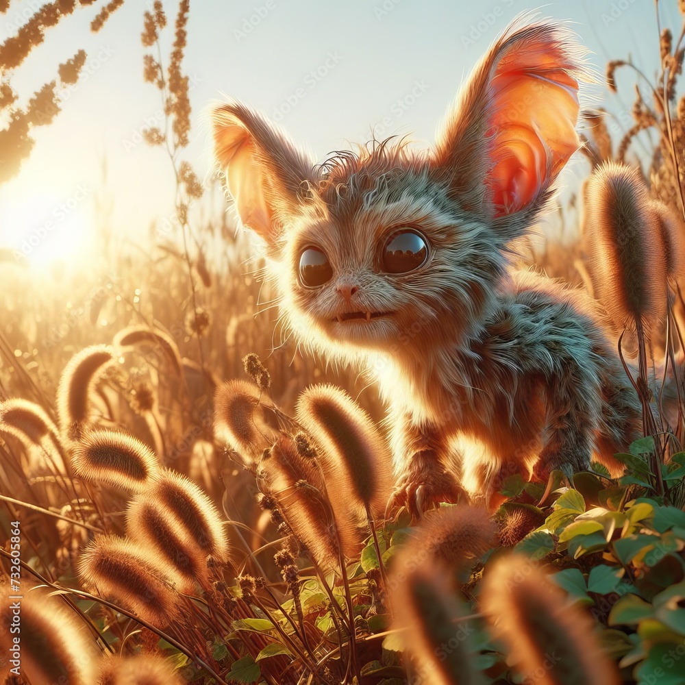A strange cute creature hiding in a field at dawn