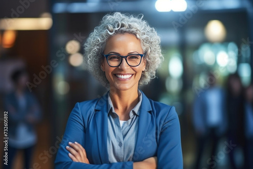 A business woman smiling with arms crossed in consulting firm, Positive confident professional
