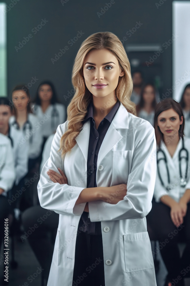 A confident female doctor standing front row in medical seminar room background. A confident female doctor standing front row in medical seminar room background.