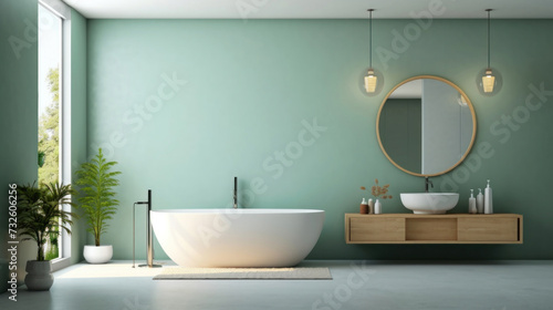 a mirror and table in modern bathroom with bathtub and green wall.