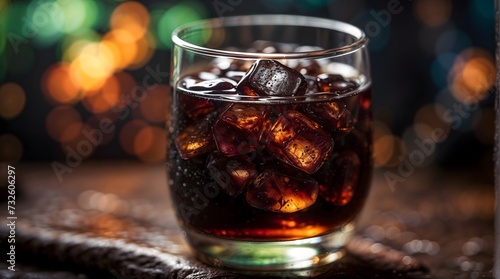 Closeup of a black drink in glass with ice cubes on a wood table. Bokeh background.