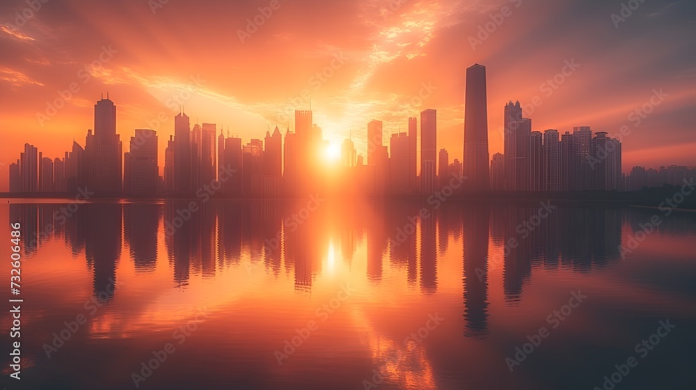 Dramatic Cityscape Reflection at Fiery Sunset - Generative AI