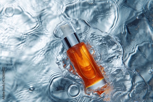 mockup orange bottle cosmetics with silver lid of lying on the water surface, minimalism, studio lighting, product photography, top view