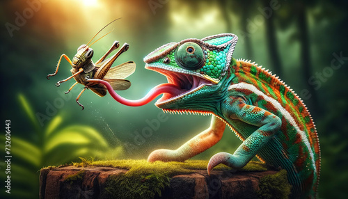 A vividly colored chameleon catches a grasshopper with its tongue amidst a lush, green forest with a sunbeam highlighting the dynamic action scene.Animals behaviour concept.AI generated. photo