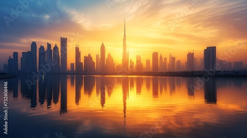Sunrise over a mirrored skyline with tallest skyscraper standing out - Generative AI © Andrew Hudson