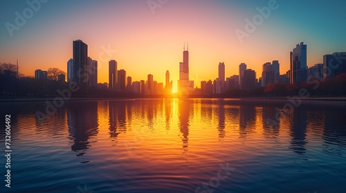 Golden Sunrise Over City Skyline with Reflective Waterfront - Generative AI