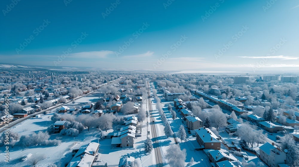 Fototapeta premium Winter Wonderland Aerial View of Snow-Covered Town under Blue Sky - Generative AI