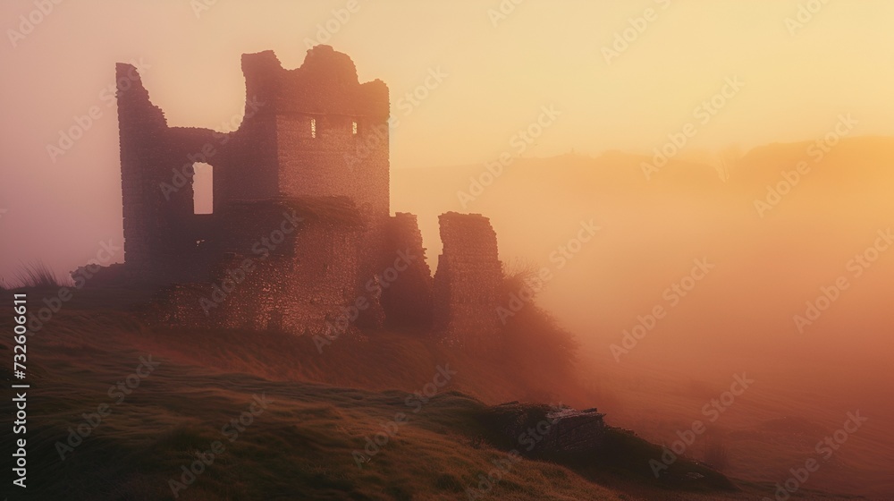 Obraz premium Enigmatic Castle Ruins Emerging from Mist at Dawn - Generative AI