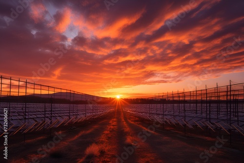 Fiery Clouds Over Solar Power Station at Dawn - Generative AI