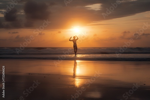 Woman Embracing Sunrise in Yoga Pose on Seashore - Generative AI © Andrew Hudson