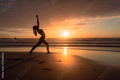 Woman Practicing Yoga on Beach at Sunrise Silhouette - Generative AI