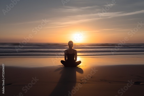 Silhouette of Person Meditating on Beach at Sunset - Generative AI © Andrew Hudson