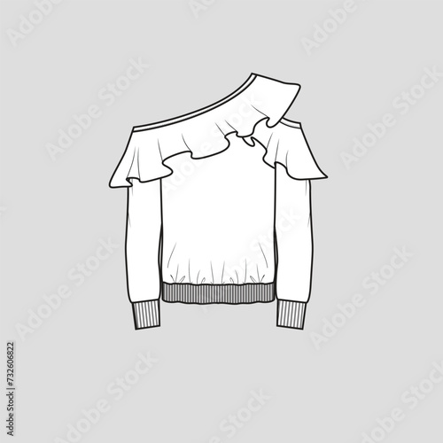 Off Shoulder Ruffles Sweat Shirt One Shoulder Ribbed Hem Long Sleeve Ribbed cuffs  fashion t shirt top blouse Flat Sketch technical drawing template design vector