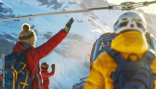 Skiers greetings Medical Rescue helicopter landing in high altitude mountains after life-threatening accident. Travel, active people, safety and Traveling insurance concept image. photo
