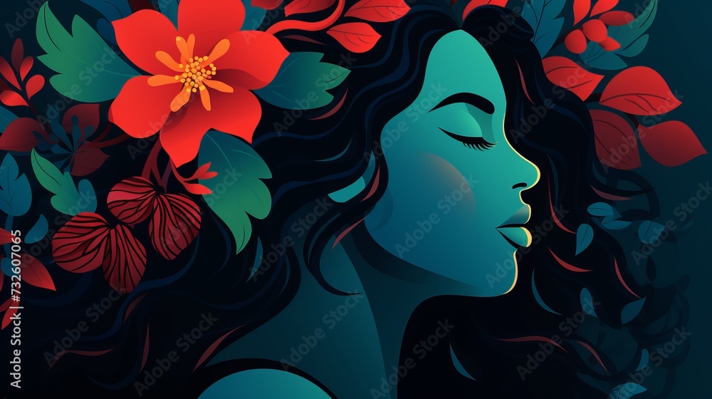 Abstract silhouette of woman with red flowers and leaves, symbolizing femininity and mental health