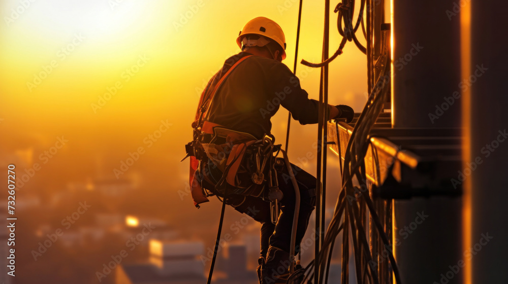 Fototapeta premium A working at height equipment, Construction worker wearing safety gear working at construction site.
