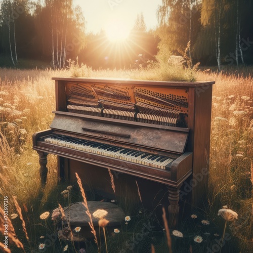 Abandoned piano sits in the open flower filled meadow
 photo
