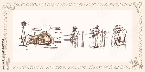 Cowboy set, Ranch illustration doodle sketch