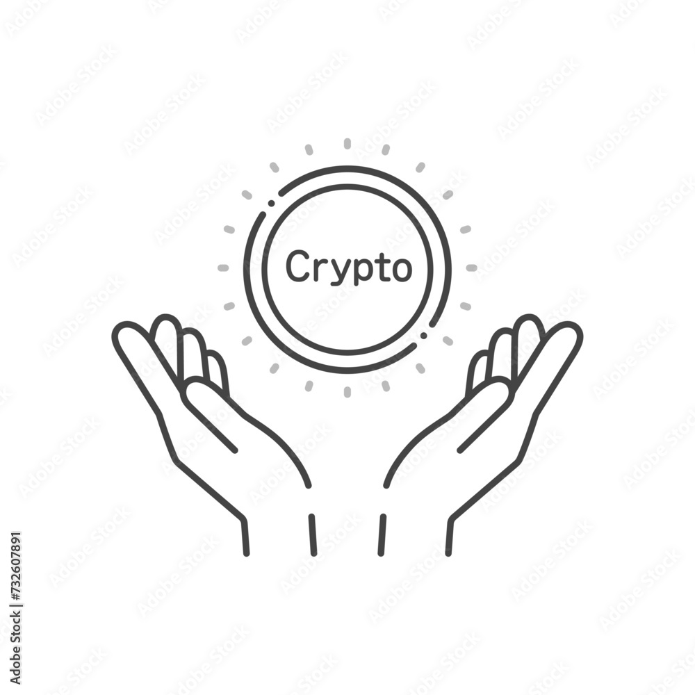 Cryptoの文字とコインを持っている人の手のシンプルなイラスト - 暗号通貨・トークンのイメージ素材 Cryptoの文字とコインを持っている人の手のシンプルなイラスト - 暗号通貨・トークンのイメージ素材