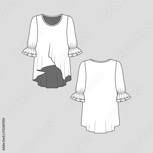 Ruffles sleeve high low hem top crew neck ruffles dip hem fashion flat sketch template drawing design