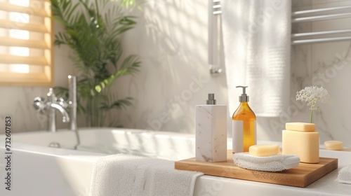 A Variety of Bath Accessories and Soap Set upon a Tub  Inviting a Calming Bath Time in the Bathroom