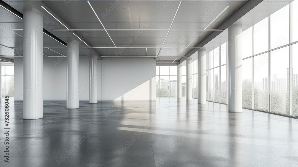 An Empty Office Space Bathed in White, with Architectural Columns and a Grey Concrete Floor, Enhanced by Sunlight from a Window