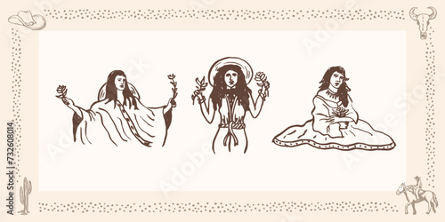 south western country woman sketch doodle set